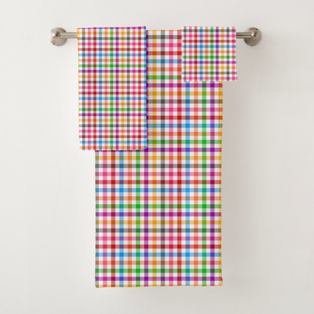 Colourful Rainbow Gingham Plaid Design - White  Bath Towel Set (Insitu)