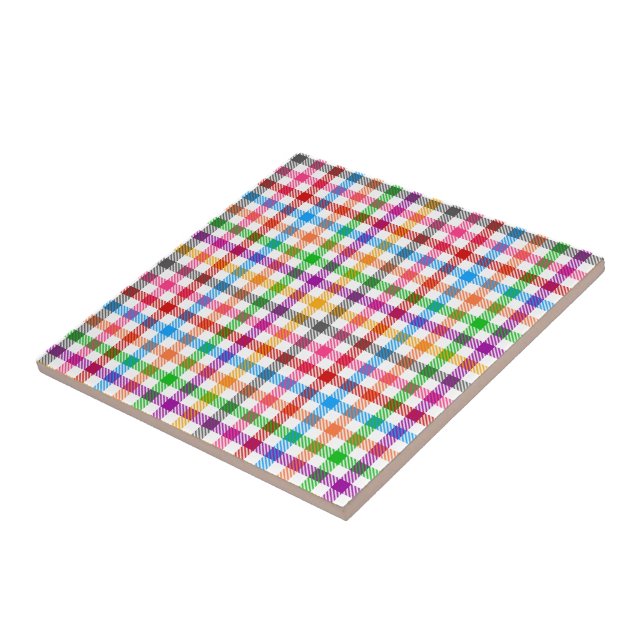 Colourful Rainbow Gingham Plaid Design - White  Ceramic Tile (Side)