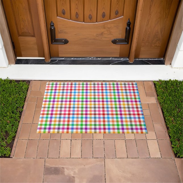 Colourful Rainbow Gingham Plaid Design - White  Doormat (Outdoor)