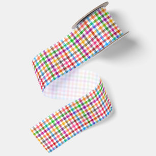 Colourful Rainbow Gingham Plaid Design - White  Satin Ribbon
