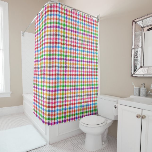 Colourful Rainbow Gingham Plaid Design - White  Shower Curtain (In Situ)