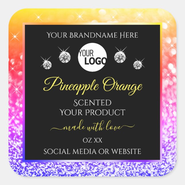 Colourful Rainbow Glitter Black Product Labels Log (Front)