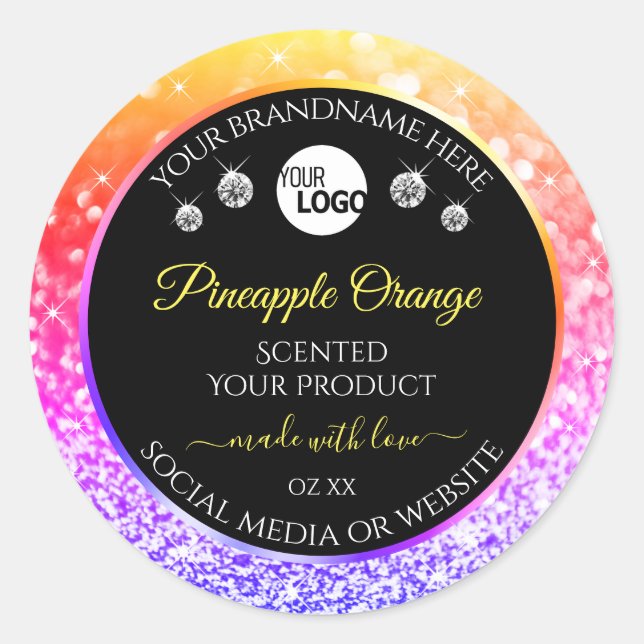 Colourful Rainbow Glitter Black Product Labels Log (Front)