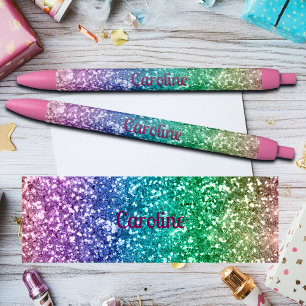 Colourful Rainbow Glitter Custom Name Black Ink Pen