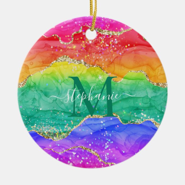 Colourful Rainbow Glitter Gold Agate Monogram Ceramic Ornament (Front)