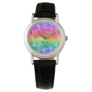 Colourful Rainbow Glitter Gold Agate Monogram Watch
