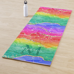 Colourful Rainbow Glitter Gold Agate Monogram Yoga Mat