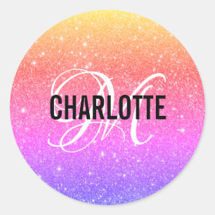 Colourful Rainbow Glitter Monogram Name  Classic Round Sticker