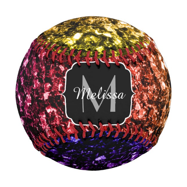 Colourful Rainbow glitter sparkle Monogram name Baseball (Front)