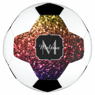 Colourful Rainbow glitter sparkle Monogram name Soccer Ball