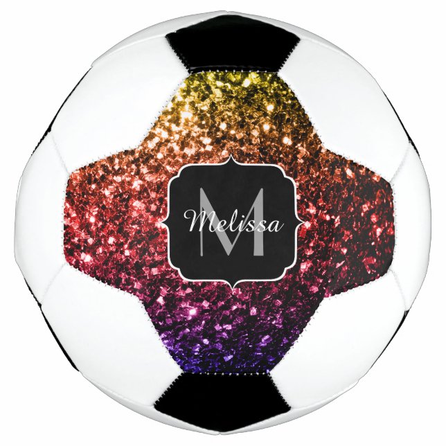 Colourful Rainbow glitter sparkle Monogram name Soccer Ball (Front)
