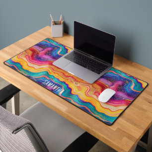 Colourful Rainbow Glittery Agate Texture Monogram Desk Mat