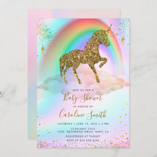 Colourful Rainbow Gold Glitter Unicorn Baby Shower Invitation
