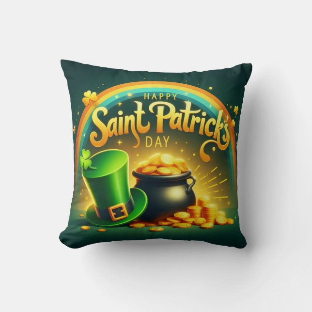 Colourful rainbow gold Saint Patrick's Day Cushion (Front)