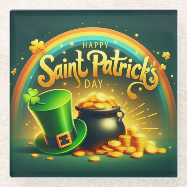 Colourful rainbow gold Saint Patrick's Day Glass Coaster (Front)