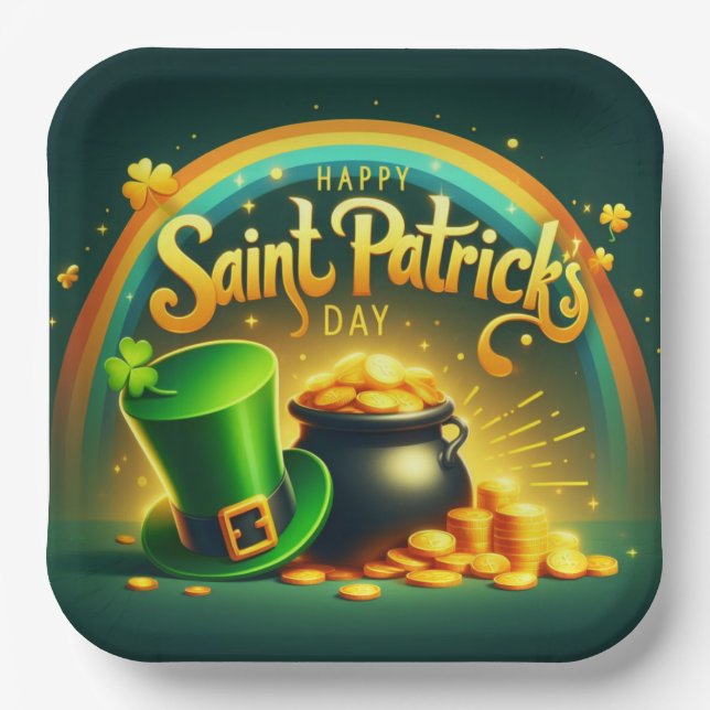 Colourful rainbow gold Saint Patrick's Day Paper Plate (Front)