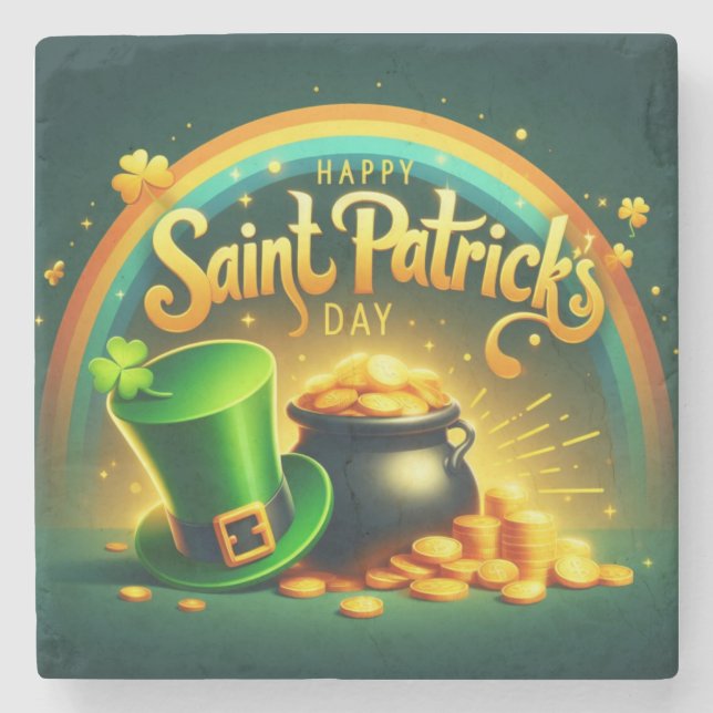 Colourful rainbow gold Saint Patrick's Day Stone Coaster (Front)