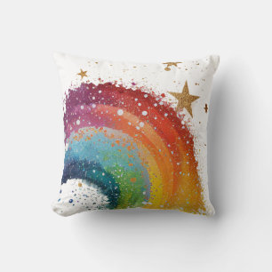 Colourful Rainbow Gold Star Bold Pretty Girl Teal  Cushion