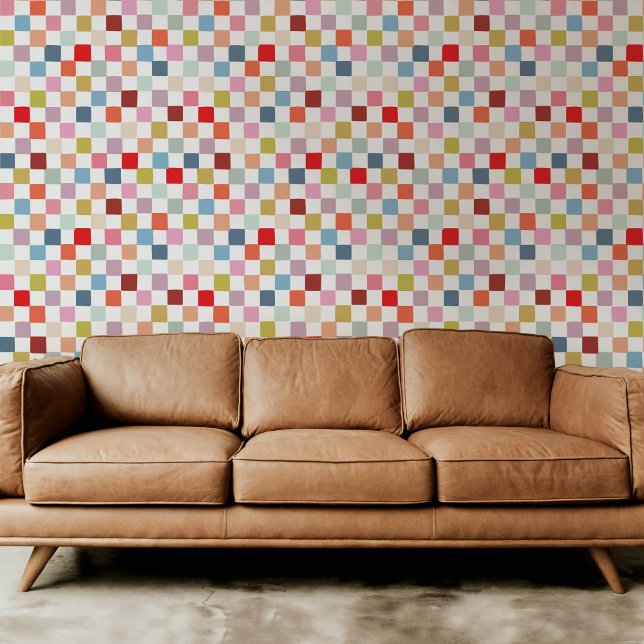 Colourful Rainbow Hand-Drawn Chequered Plaid Wallpaper (Colorful rainbow hand-drawn checkers modern peel and stick wallpaper.)