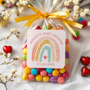 Colourful Rainbow & Heart Girl Baby Shower Square Sticker