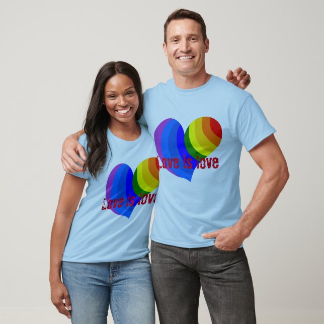 Colourful rainbow heart says "Love is love" T-Shirt (Unisex)