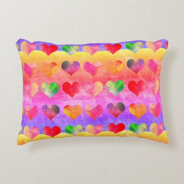 Colourful Rainbow Hearts Boho Art Decorative Cushion (Front)