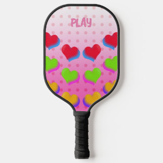 Colourful Rainbow Hearts on Pink Cartoon Pattern Pickleball Paddle