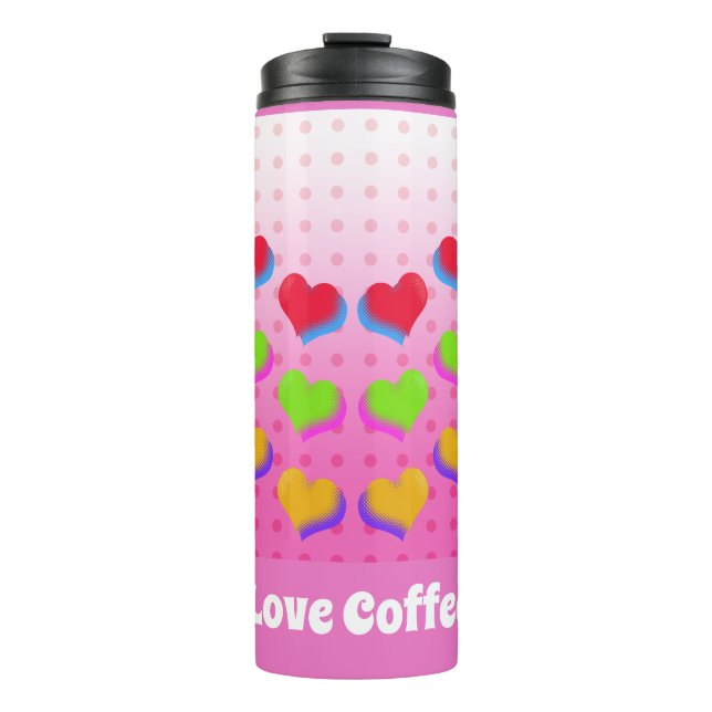 Colourful Rainbow Hearts on Pink Cartoon Pattern Thermal Tumbler (Front)