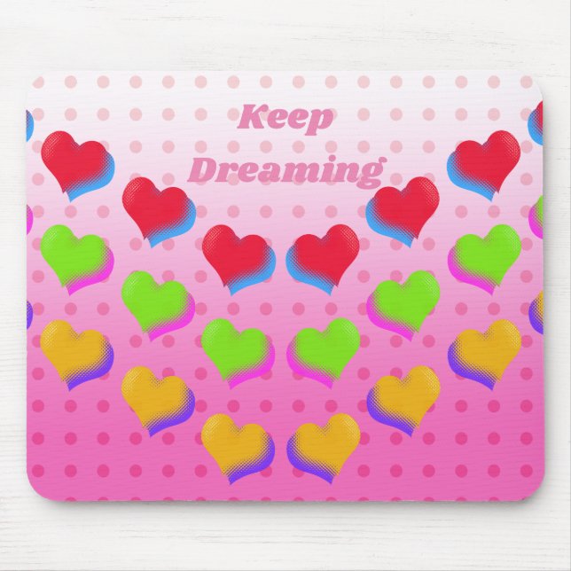 Colourful Rainbow Hearts on Pink Fun Retro Pattern Mouse Pad (Front)
