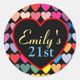 Colourful Rainbow Hearts Pattern Personalised 21st Classic Round Sticker