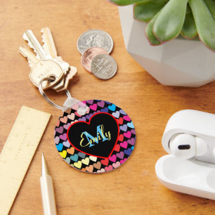 Colourful Rainbow Hearts Pattern Personalised Key Ring