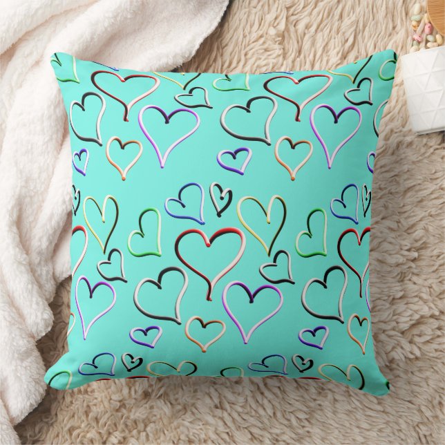 Colourful Rainbow Hearts Teal Black Cushion (Blanket)