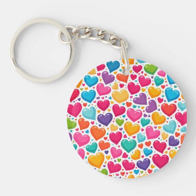 Colourful rainbow hearts Valentines Key Ring (Front)