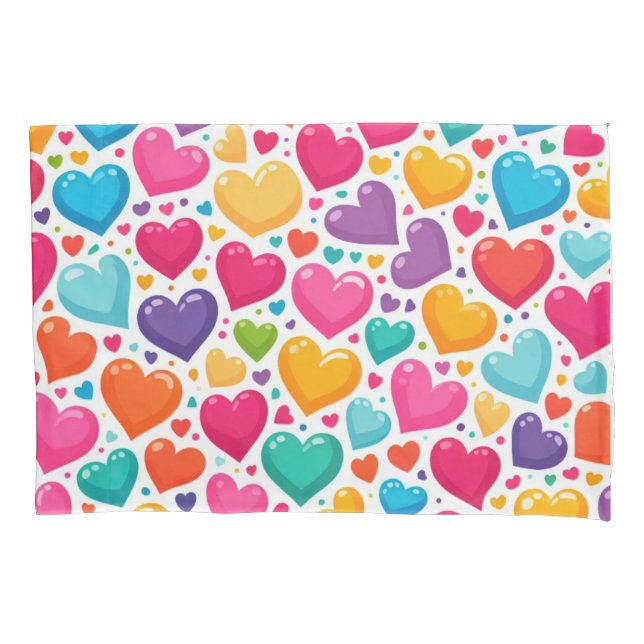 Colourful rainbow hearts Valentines Pillowcase (Front)