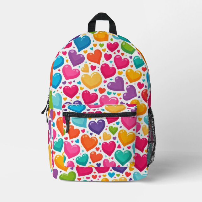 Colourful rainbow hearts Valentines Printed Backpack (Front)