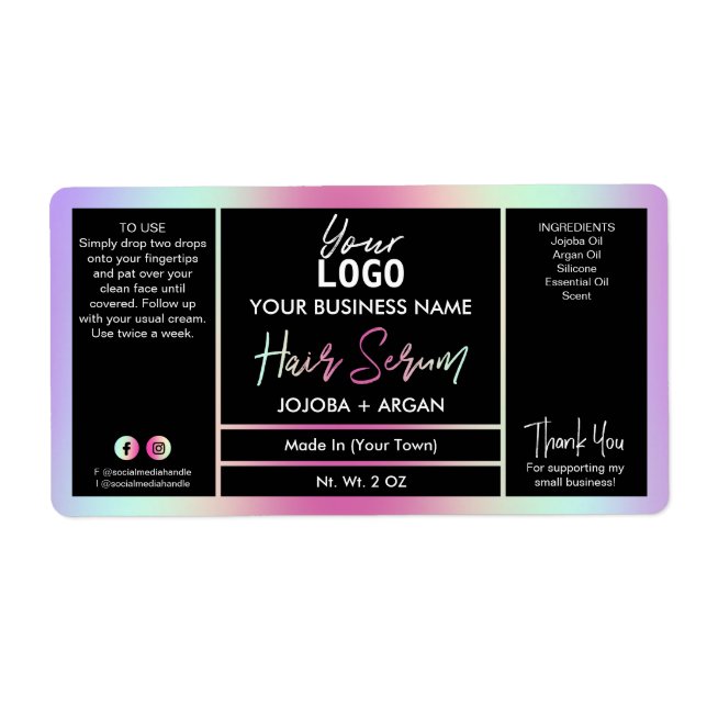 Colourful Rainbow Holographic Hair Serum Labels (Front)
