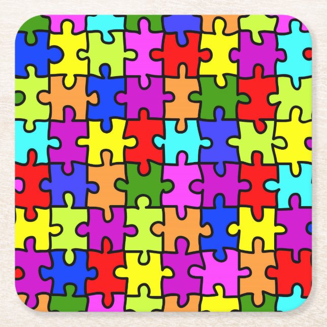 Colourful rainbow jigsaw puzzle pattern square paper coaster (Front)