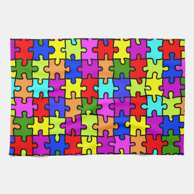 Colourful rainbow jigsaw puzzle pattern tea towel (Horizontal)
