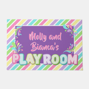 Colourful rainbow kids name playroom entry doormat