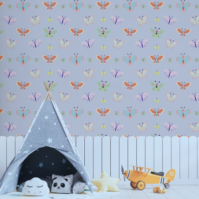 Colourful Rainbow Kids Pastel Blue Butterfly Wallpaper (Kids Playroom)