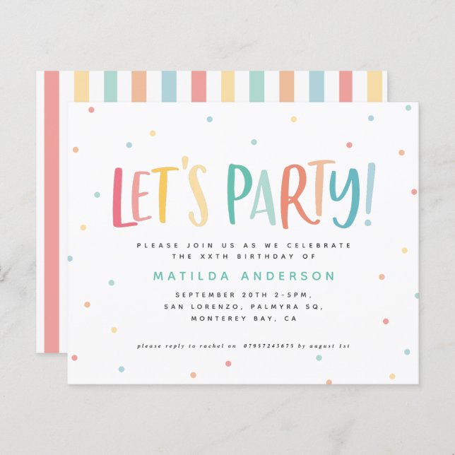 Colourful rainbow lets party birthday invitation. (Front/Back)