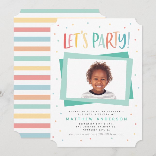 Colourful rainbow lets party birthday photo invite (Front/Back)