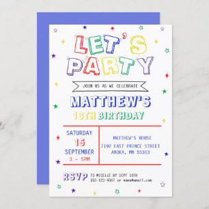 Colourful Rainbow Let's Party Boy Birthday Invitation