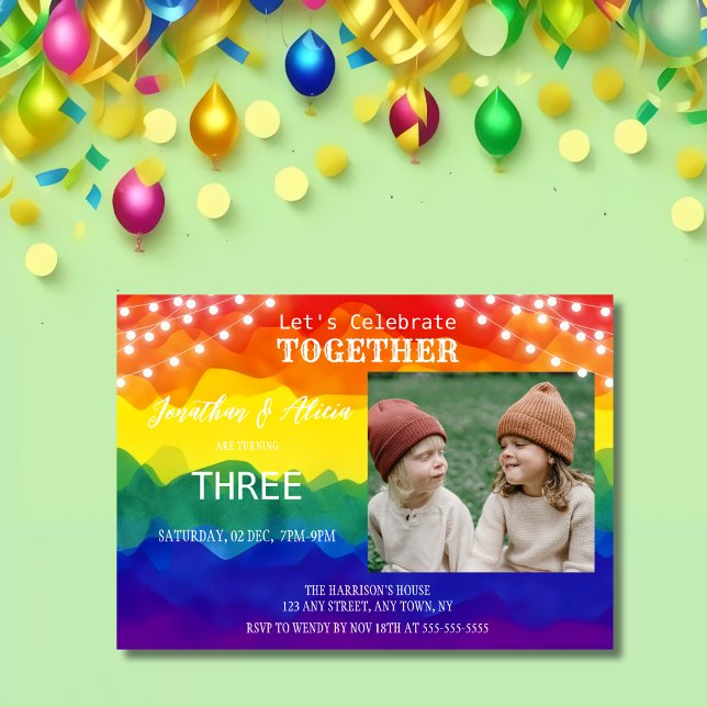 Colourful Rainbow Lights Photo Joint Birthday  Invitation (Creator Uploaded)