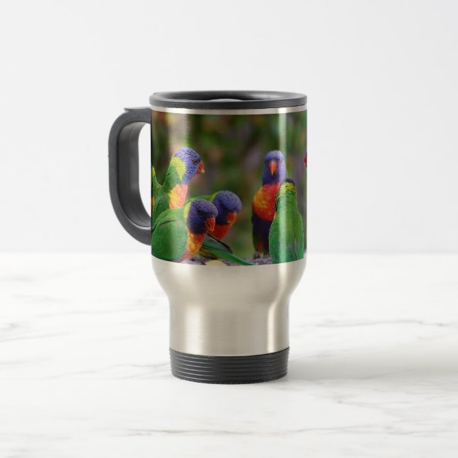 Colourful Rainbow Lorikeet Parrots Eating Travel Mug (Front Left)
