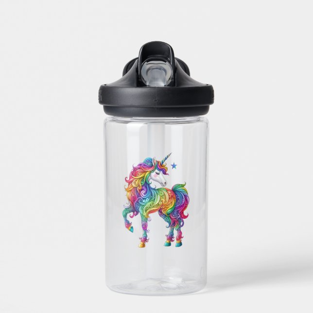 Colourful rainbow magical unicorn water bottle (Front)