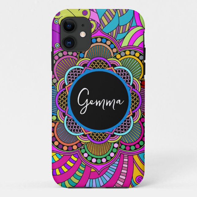 Colourful Rainbow Mandala Doodle Art Custom Name   Case-Mate iPhone Case (Back)