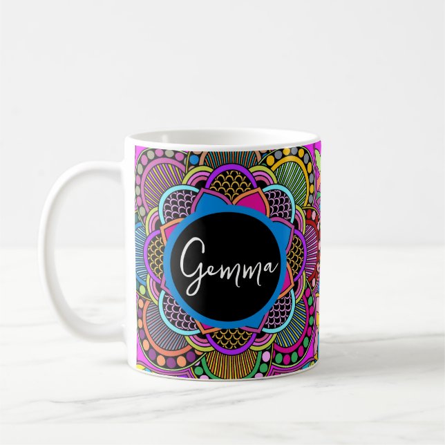 Colourful Rainbow Mandala Doodle Art Custom Name   Coffee Mug (Left)