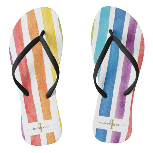 Colourful Rainbow Monogram Stripes Cute Odd Pair Thongs (Footbed)