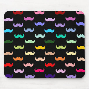 Colourful Rainbow Moustache pattern on black Mouse Pad